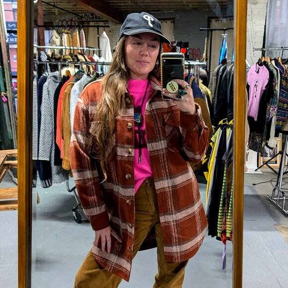 Red Plaid Flannel Jacket Gorpcore Utility Shacket Grunge Boho Chic Earthy Small - Picture 8 of 11